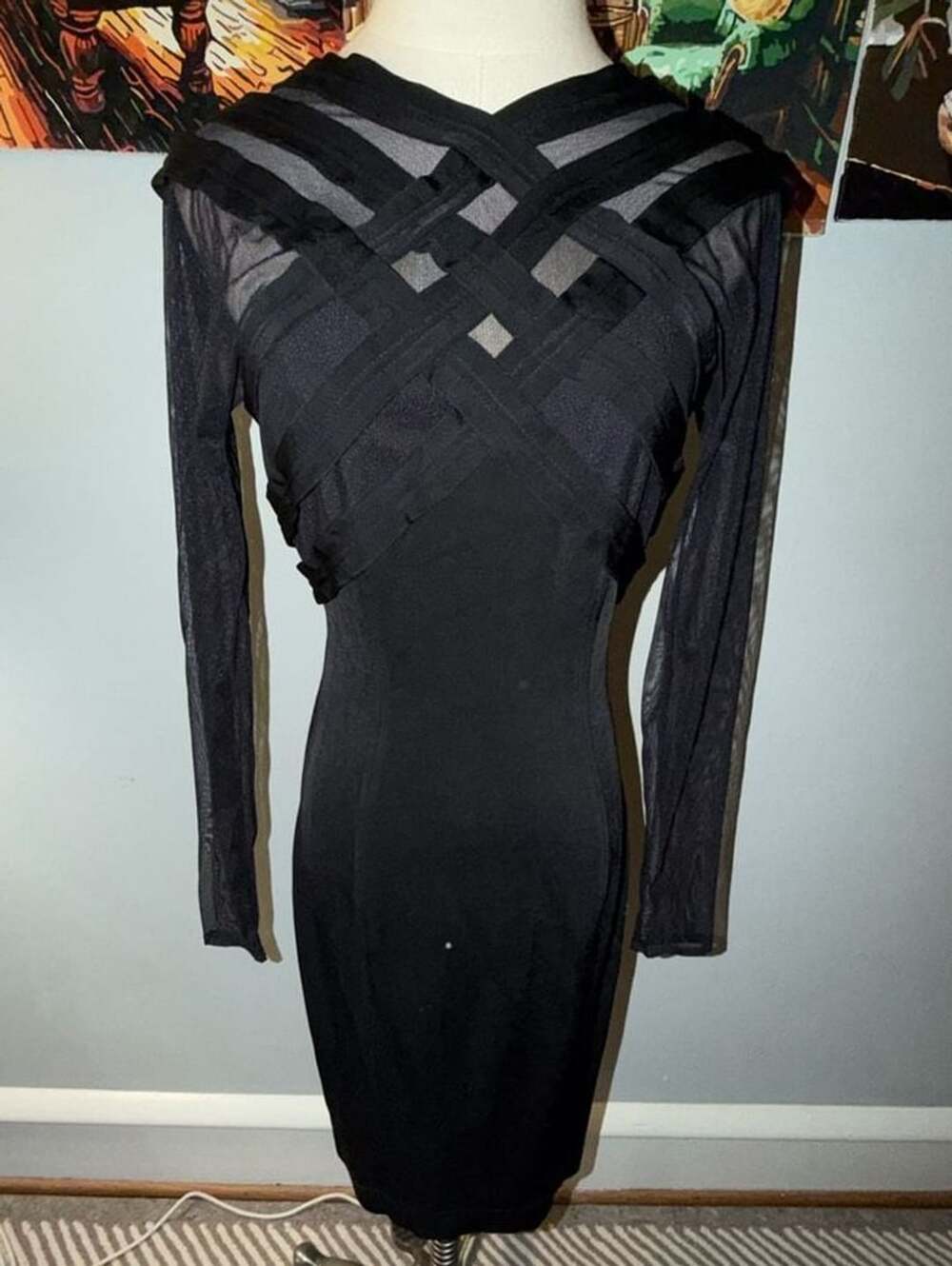 Tadashi Vintage Black Mesh Long Sleeve Bodycon Cocktail Mini Dress size M